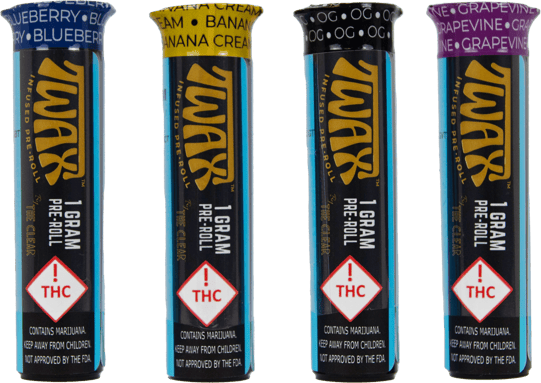 All of the flavors are available for Twax 1 Gram Pre-Roll joints. Flavors include Blueberry, Banana Cream, OG, and Grapevine Pre- Roll Joints